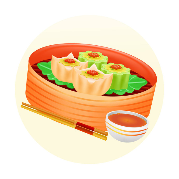 Chinese food, 3d illustration of bitter gourd dim sum food in a bamboo steamer basket - Vektor, Bild