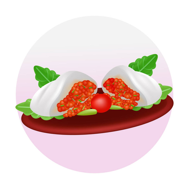 Chinese food, 3d illustration of halved beef stuffed steamed bun - Vecteur, image