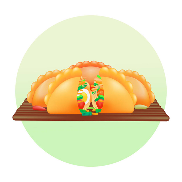 Indonesian food. 3d illustration of fried bread filled with noodles, eggs and vegetables - Wektor, obraz