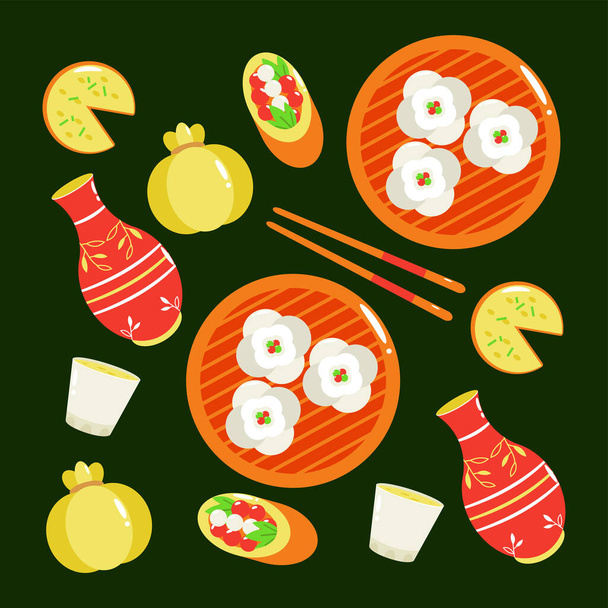 Chinese food, steamed bun and wine bottle pattern - Vecteur, image