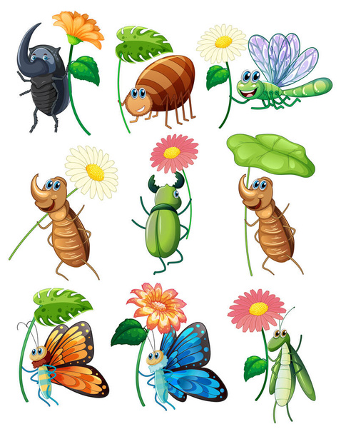 Conjunto de ilustração de personagem de desenho animado de insetos - Vetor, Imagem
