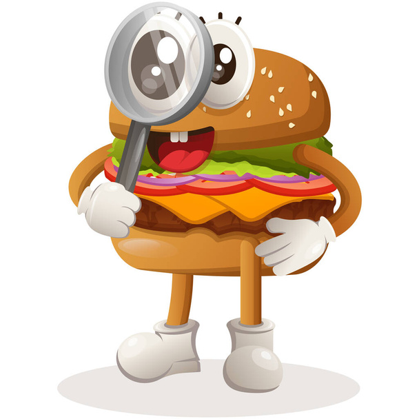 Cute burger mascot design conducting research, holding a magnifying glass - Vektor, kép
