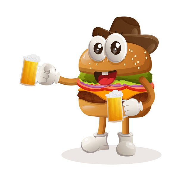 Cute burger celebrate oktoberfest with holding beer. Perfect for food store, small business or e-Commerce, merchandise and sticker, banner promotion, food review blog or vlog channe - Vektor, Bild