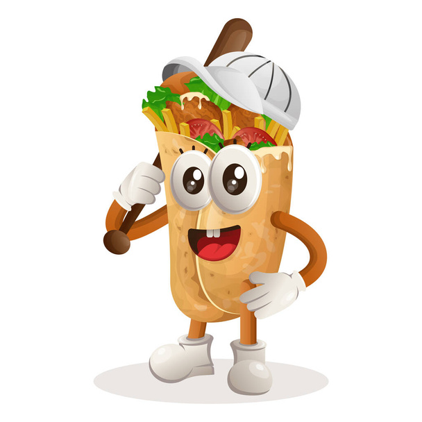 Cute burrito mascot playing baseball. Perfect for food store, small business or e-Commerce, merchandise and sticker, banner promotion, food review blog or vlog channe - Wektor, obraz