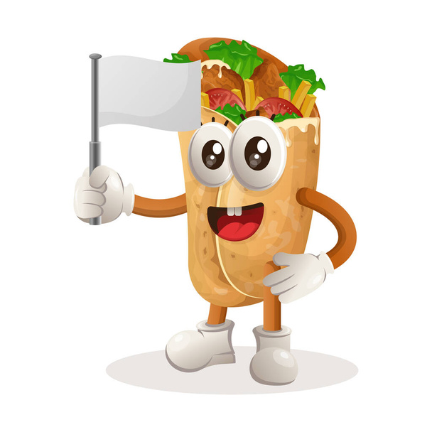Cute burrito mascot waving white empty flag. Perfect for food store, small business or e-Commerce, merchandise and sticker, banner promotion, food review blog or vlog channe - Vector, Imagen