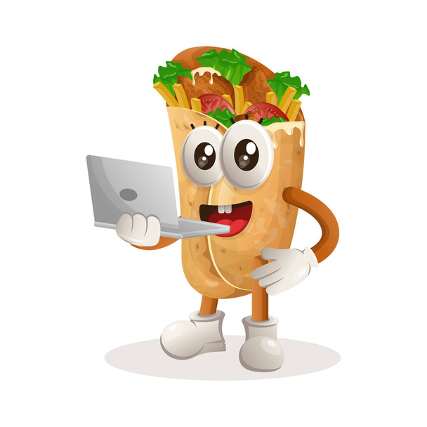 Cute burrito mascot working using a laptop. Perfect for food store, small business or e-Commerce, merchandise and sticker, banner promotion, food review blog or vlog channe - Vektor, kép