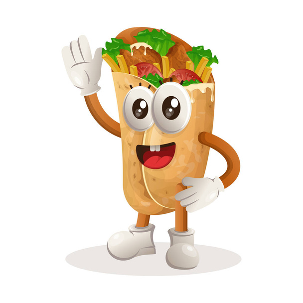 Cute burrito mascot waving hand. Perfect for food store, small business or e-Commerce, merchandise and sticker, banner promotion, food review blog or vlog channe - Wektor, obraz
