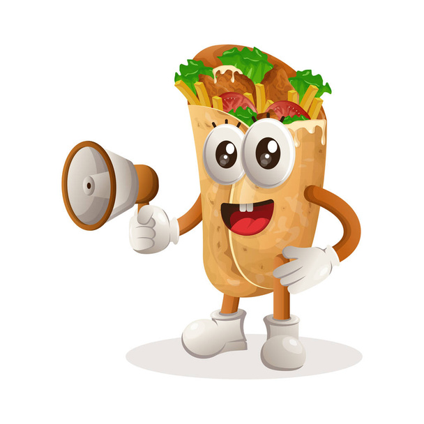Cute burrito mascot holding megaphone. Perfect for food store, small business or e-Commerce, merchandise and sticker, banner promotion, food review blog or vlog channe - Vektor, Bild