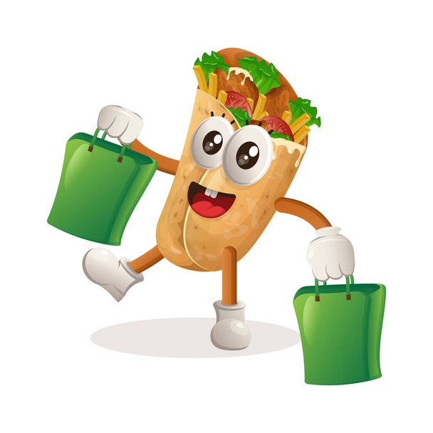 Cute burrito mascot happy shopping. Perfect for food store, small business or e-Commerce, merchandise and sticker, banner promotion, food review blog or vlog channe - Wektor, obraz