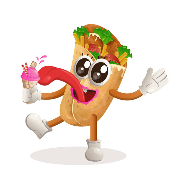 Cute burrito mascot eat ice cream, ice cream cone. Perfect for food store, small business or e-Commerce, merchandise and sticker, banner promotion, food review blog or vlog channe - Vecteur, image