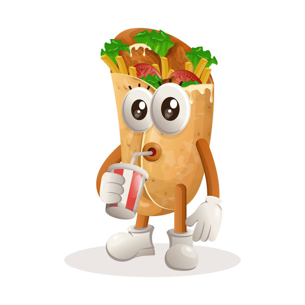 Cute burrito mascot drinking soda, cola. Perfect for food store, small business or e-Commerce, merchandise and sticker, banner promotion, food review blog or vlog channe - ベクター画像