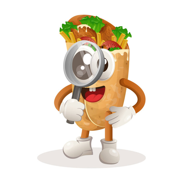 Cute burrito mascot conducting research, holding a magnifying glass. Perfect for food store, small business or e-Commerce, merchandise and sticker, banner promotion, food review blog or vlog channe - Vector, afbeelding