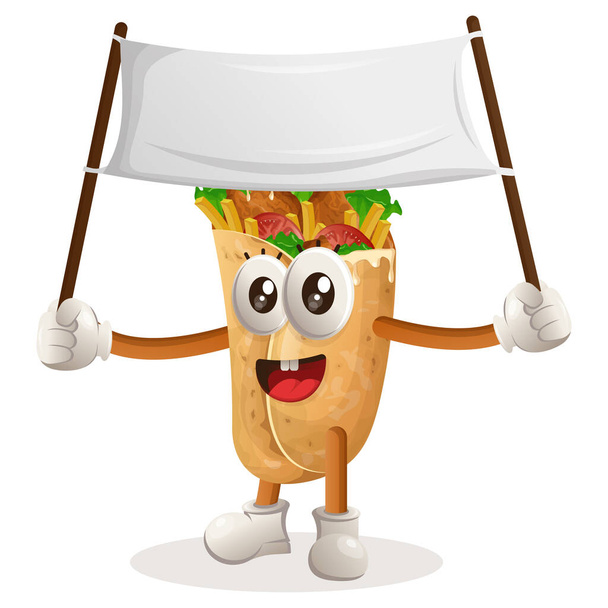 Cute burrito mascot holding blank banner. Perfect for food store, small business or e-Commerce, merchandise and sticker, banner promotion, food review blog or vlog channe - Διάνυσμα, εικόνα