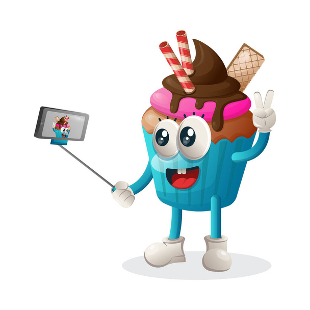 Cute cupcake mascot takes a selfie with smartphone. Perfect for food store, small business or e-Commerce, merchandise and sticker, banner promotion, food review blog or vlog channel, food fans or communit - Wektor, obraz