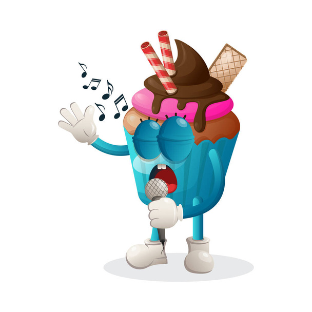 Niedliche Cupcake Maskottchen singen, ein Lied singen. Perfekt für Lebensmittelgeschäfte, Kleinunternehmen oder E-Commerce, Waren und Aufkleber, Werbebanner, Food Review Blog oder Vlog Channel, Food Fans oder Communit - Vektor, Bild