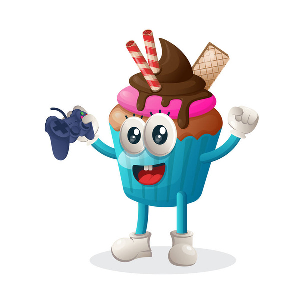 Cute cupcake mascot playing videogame with holding joystick. Perfect for food store, small business or e-Commerce, merchandise and sticker, banner promotion, food review blog or vlog channel, food fans or communit - Вектор, зображення