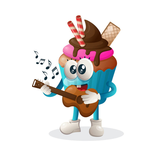 Cute cupcake mascot playing guitar. Perfect for food store, small business or e-Commerce, merchandise and sticker, banner promotion, food review blog or vlog channel, food fans or communit - ベクター画像
