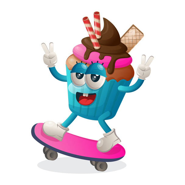 Cute cupcake mascot playing skateboard, skateboarding. Perfect for food store, small business or e-Commerce, merchandise and sticker, banner promotion, food review blog or vlog channel, food fans or communit - Вектор, зображення
