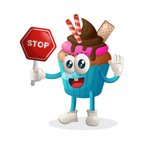Cute cupcake mascot holding stop sign, street sign, road sign. Perfect for food store, small business or e-Commerce, merchandise and sticker, banner promotion, food review blog or vlog channel, food fans or communit - Vektor, Bild