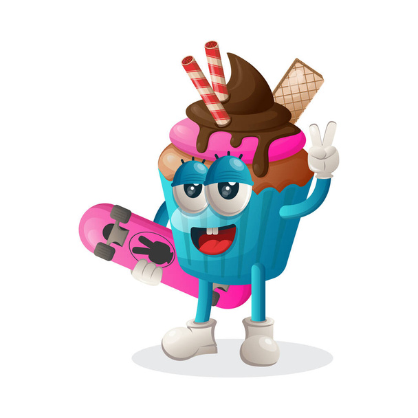 Cute cupcake mascot carrying a skateboard. Perfect for food store, small business or e-Commerce, merchandise and sticker, banner promotion, food review blog or vlog channel, food fans or communit - Wektor, obraz