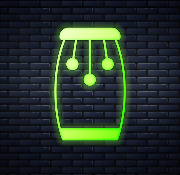 Icona luminosa al neon Conga batteria isolato su sfondo muro di mattoni. Strumento musicale. Vettore - Vettoriali, immagini