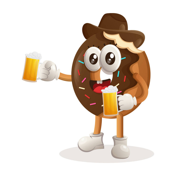 Cute donut mascot celebrate oktoberfest with holding beer. Perfect for food store, small business or e-Commerce, merchandise and sticker, banner promotion, food review blog or vlog channe - Vektor, Bild