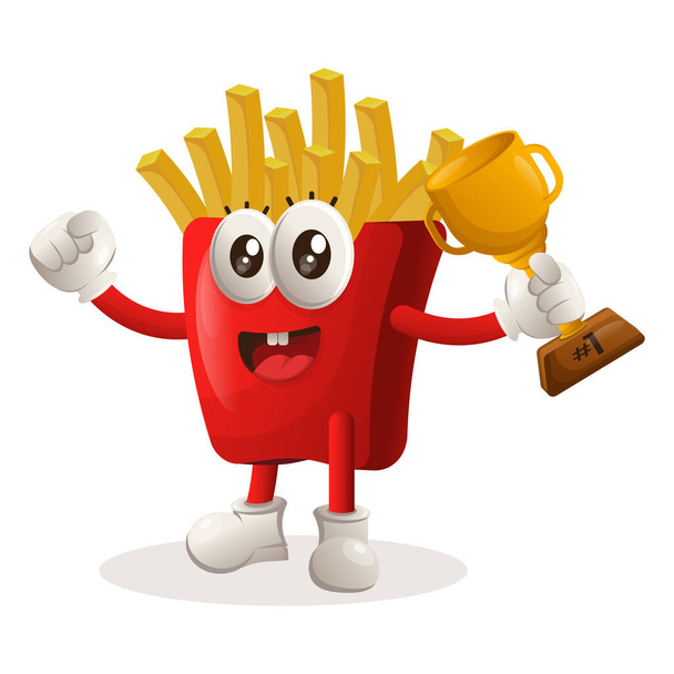 Cute french fries mascot winning award and celebrating success. Perfect for food store, small business or e-Commerce, merchandise and sticker, banner promotion, food review blog or vlog channe - Vector, Image