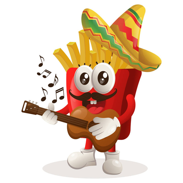 Cute french fries mascot wearing mexican hat with playing guitar. Perfect for food store, small business or e-Commerce, merchandise and sticker, banner promotion, food review blog or vlog channe - Vektor, Bild