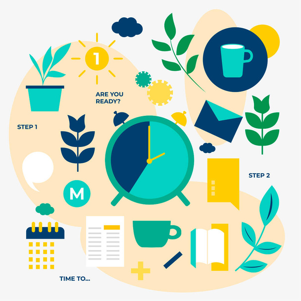 Soubor abstraktních plochých ikon vztahujících se k denní pracovní činnosti. Moderní ilustrace s hodinami, deníky, notebooky, rostlinami a kávou pro každodenní život - Vektor, obrázek