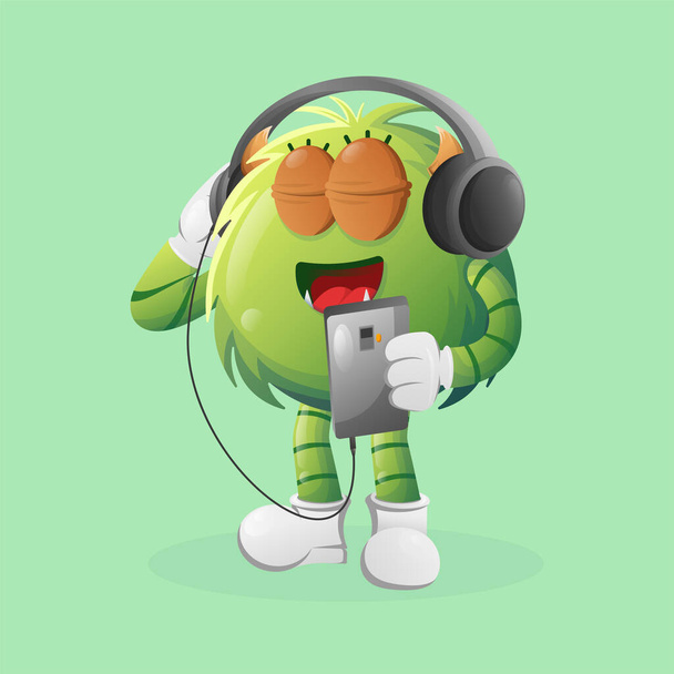 Cute green monster listening music on a smartphone using a headphone. Perfect for kids, small business or e-Commerce, merchandise and sticker, banner promotion, blog or vlog channe - ベクター画像