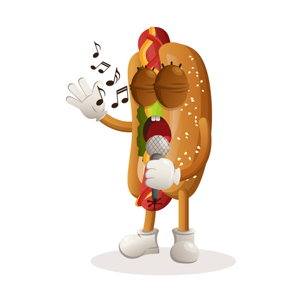 Cute hotdog mascot singing, sing a song. Perfect for food store, small business or e-Commerce, merchandise and sticker, banner promotion, food review blog or vlog channel - Vektori, kuva