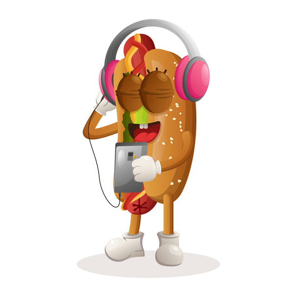 Cute hotdog mascot listening music on a smartphone using a headphone. Perfect for food store, small business or e-Commerce, merchandise and sticker, banner promotion, food review blog or vlog channel - Вектор, зображення