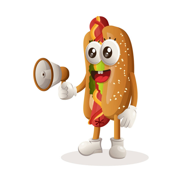 Cute hotdog mascot holding megaphone. Perfect for food store, small business or e-Commerce, merchandise and sticker, banner promotion, food review blog or vlog channel - ベクター画像