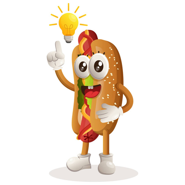 Cute hotdog mascot got an idea, bulb idea, inspiration. Perfect for food store, small business or e-Commerce, merchandise and sticker, banner promotion, food review blog or vlog channel - Vettoriali, immagini