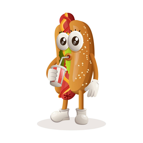 Cute hotdog mascot drinking soda, cola. Perfect for food store, small business or e-Commerce, merchandise and sticker, banner promotion, food review blog or vlog channel - Vektor, Bild
