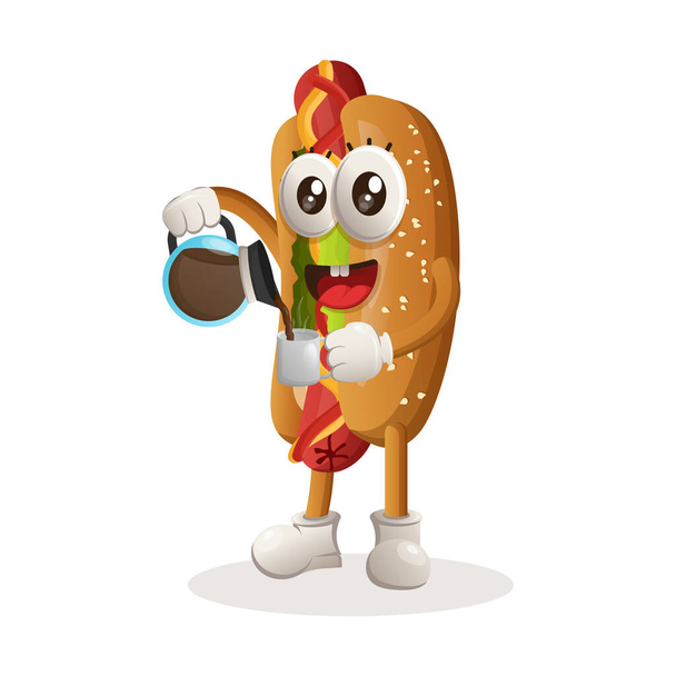 Cute hotdog mascot drinking coffee, coffee time. Perfect for food store, small business or e-Commerce, merchandise and sticker, banner promotion, food review blog or vlog channel - Vecteur, image