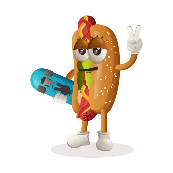 Cute hotdog mascot carrying a skateboard. Perfect for food store, small business or e-Commerce, merchandise and sticker, banner promotion, food review blog or vlog channel - Wektor, obraz