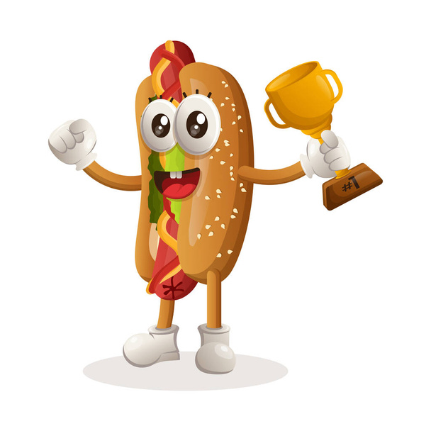 Cute hotdog mascot winning award and celebrating success. Perfect for food store, small business or e-Commerce, merchandise and sticker, banner promotion, food review blog or vlog channe - Vetor, Imagem