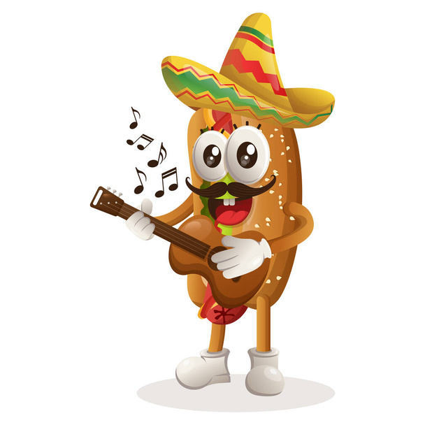 Cute hotdog mascot wearing mexican hat with playing guitar. Perfect for food store, small business or e-Commerce, merchandise and sticker, banner promotion, food review blog or vlog channe - ベクター画像