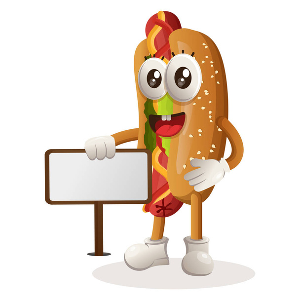 Cute hotdog mascot standing next to a billboard. Perfect for food store, small business or e-Commerce, merchandise and sticker, banner promotion, food review blog or vlog channe - Vecteur, image