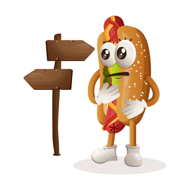 Cute hotdog mascot making decision. Perfect for food store, small business or e-Commerce, merchandise and sticker, banner promotion, food review blog or vlog channe - ベクター画像