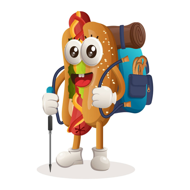 Cute hotdog mascot adventure trekking. Perfect for food store, small business or e-Commerce, merchandise and sticker, banner promotion, food review blog or vlog channe - Vektor, kép