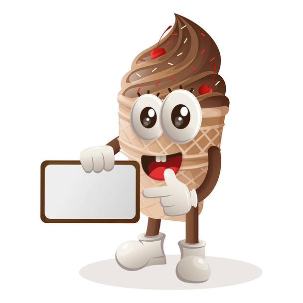 Cute ice cream mascot holding billboards for sale, sign board. Perfect for food store, small business or e-Commerce, merchandise and sticker, banner promotion, food review blog or vlog channe - Vektör, Görsel