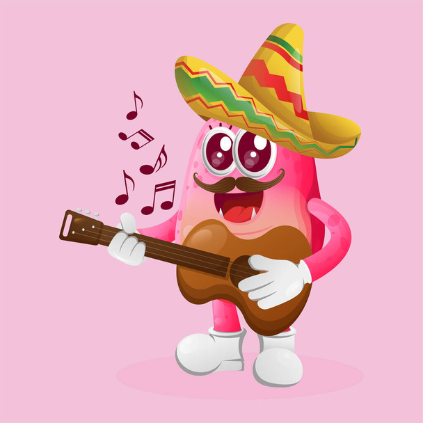Cute pink monster wearing mexican hat with playing guitar. Perfect for kids, small business or e-Commerce, merchandise and sticker, banner promotion, blog or vlog channe - Вектор,изображение