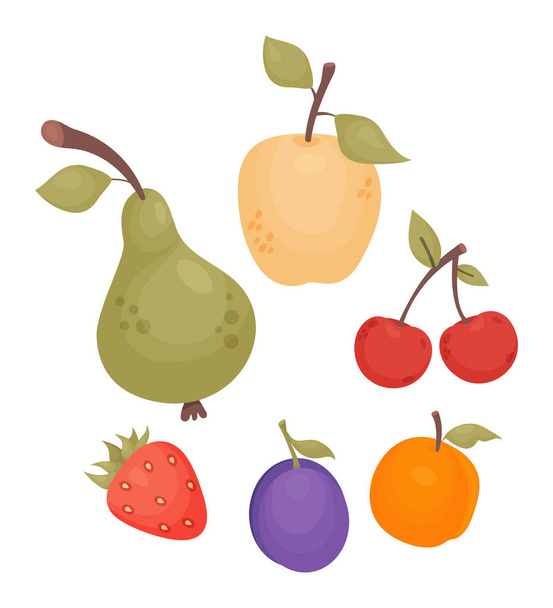 Collection fruits and berries. Apple, pear, strawberry, plum, apricot and cherry. Vector illustration. Isolated natural fruits in cartoon flat style - Vektor, obrázek