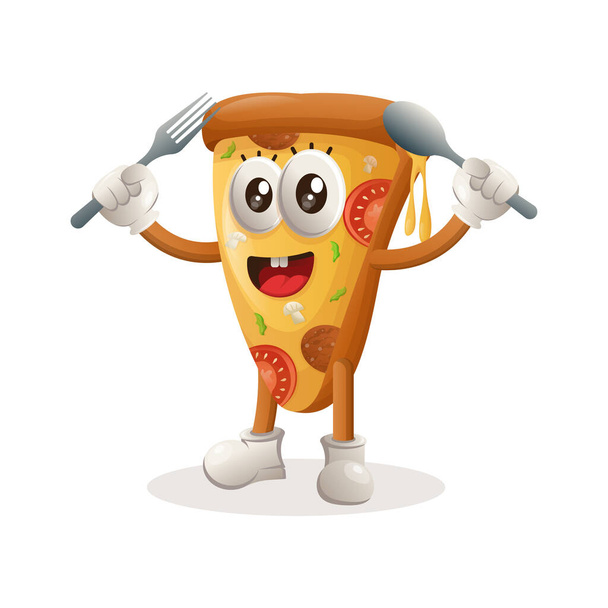 Cute pizza mascot holding spoon and fork. Perfect for food store, small business or e-Commerce, merchandise and sticker, banner promotion, food review blog or vlog channe - ベクター画像