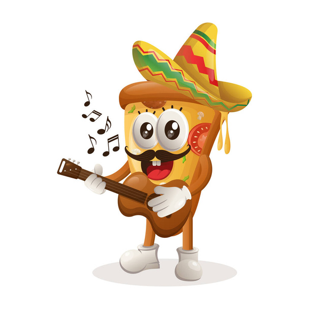 Cute pizza mascot wearing mexican hat with playing guitar. Perfect for food store, small business or e-Commerce, merchandise and sticker, banner promotion, food review blog or vlog channe - Вектор,изображение