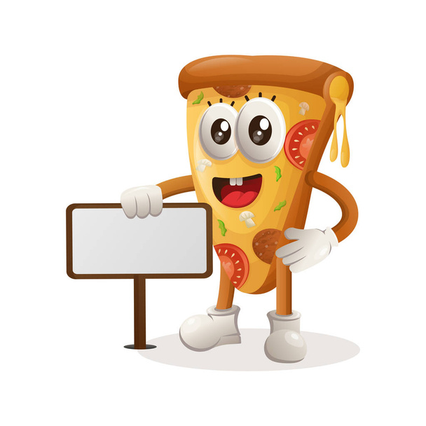 Słodka maskotka pizzy stojąca obok billboardu. Idealny do sklepu spożywczego, małych firm lub e-commerce, towarów i naklejki, promocji banerów, blog przeglądu żywności lub vlog channe - Wektor, obraz