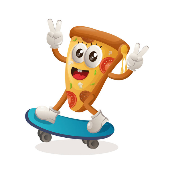 Cute pizza mascot playing skateboard, skateboarding. Perfect for food store, small business or e-Commerce, merchandise and sticker, banner promotion, food review blog or vlog channe - ベクター画像