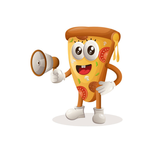 Cute maskotka pizzy gospodarstwa megafon. Idealny do sklepu spożywczego, małych firm lub e-commerce, towarów i naklejki, promocji banerów, blog przeglądu żywności lub vlog channe - Wektor, obraz